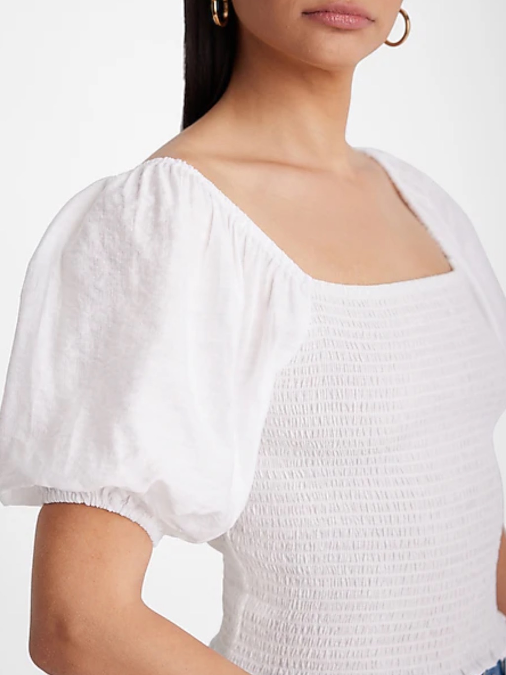 Abercrombie & Fitch White Smocked Puff-Sleeve Top
